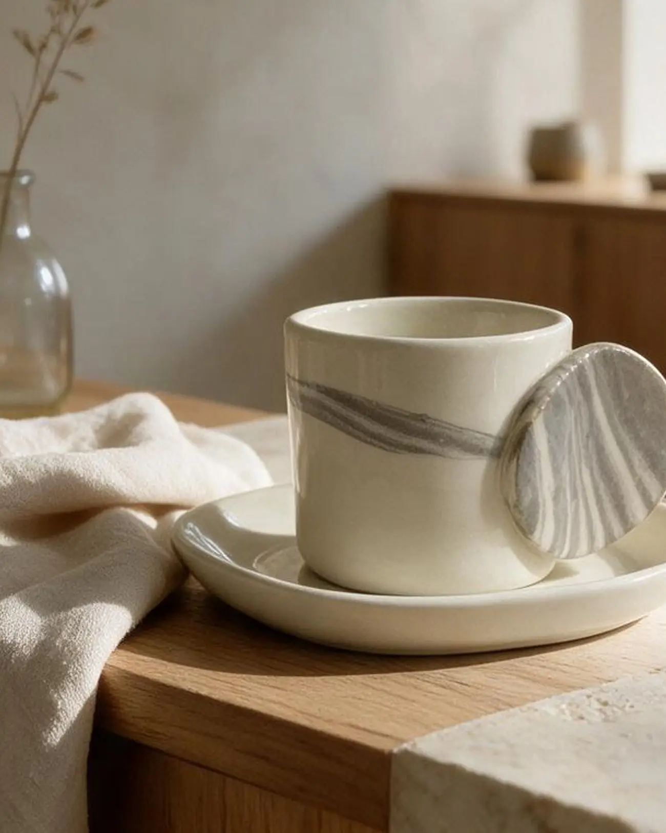 Stone Yuvarlak Kulplu Tabaklı Beyaz Türk Kahvesi Fincanı — Stone koleksiyonu, stoneware