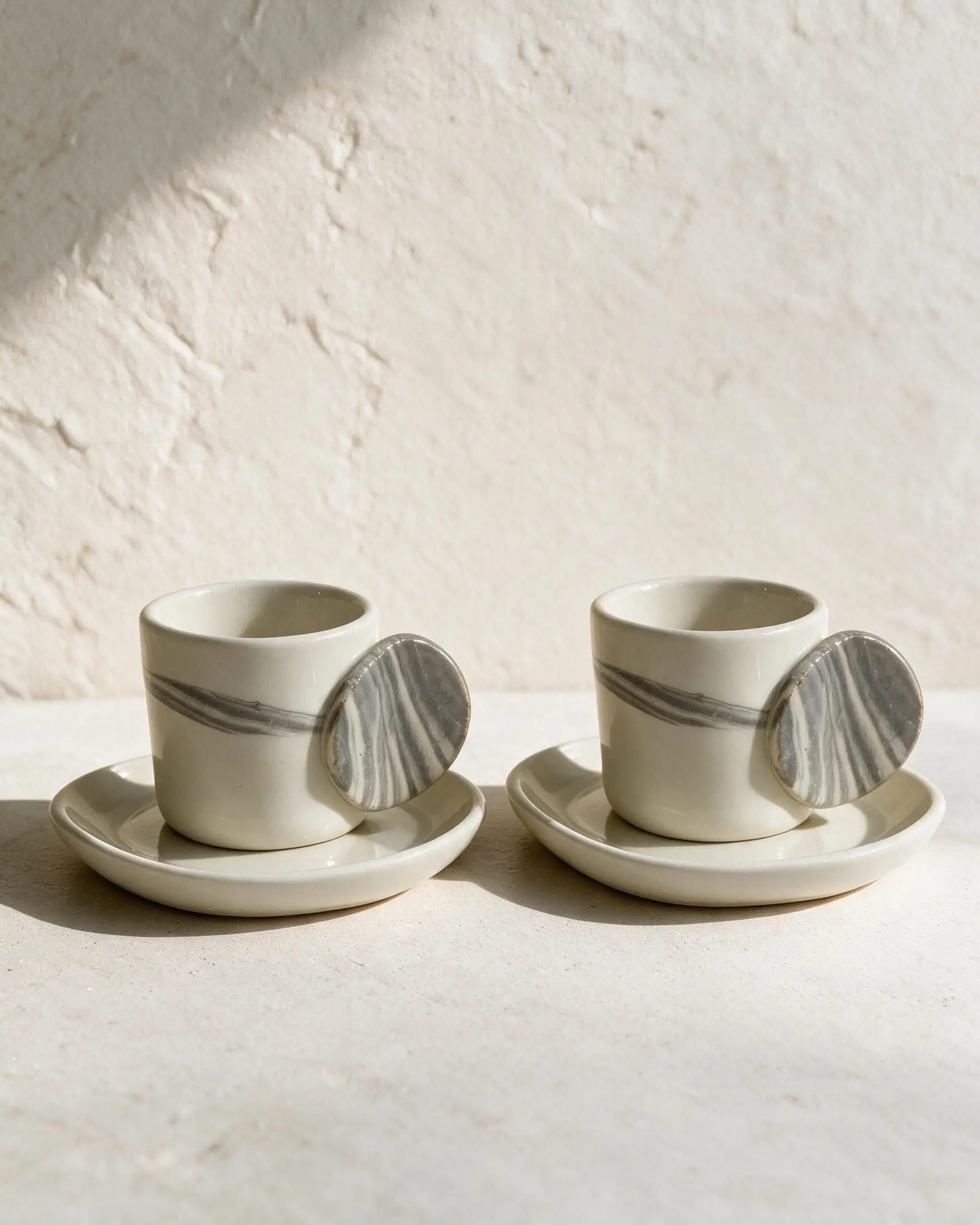 Stone Yuvarlak Kulplu Tabaklı Beyaz Türk Kahvesi Fincanı 2'li — Stone koleksiyonu, stoneware