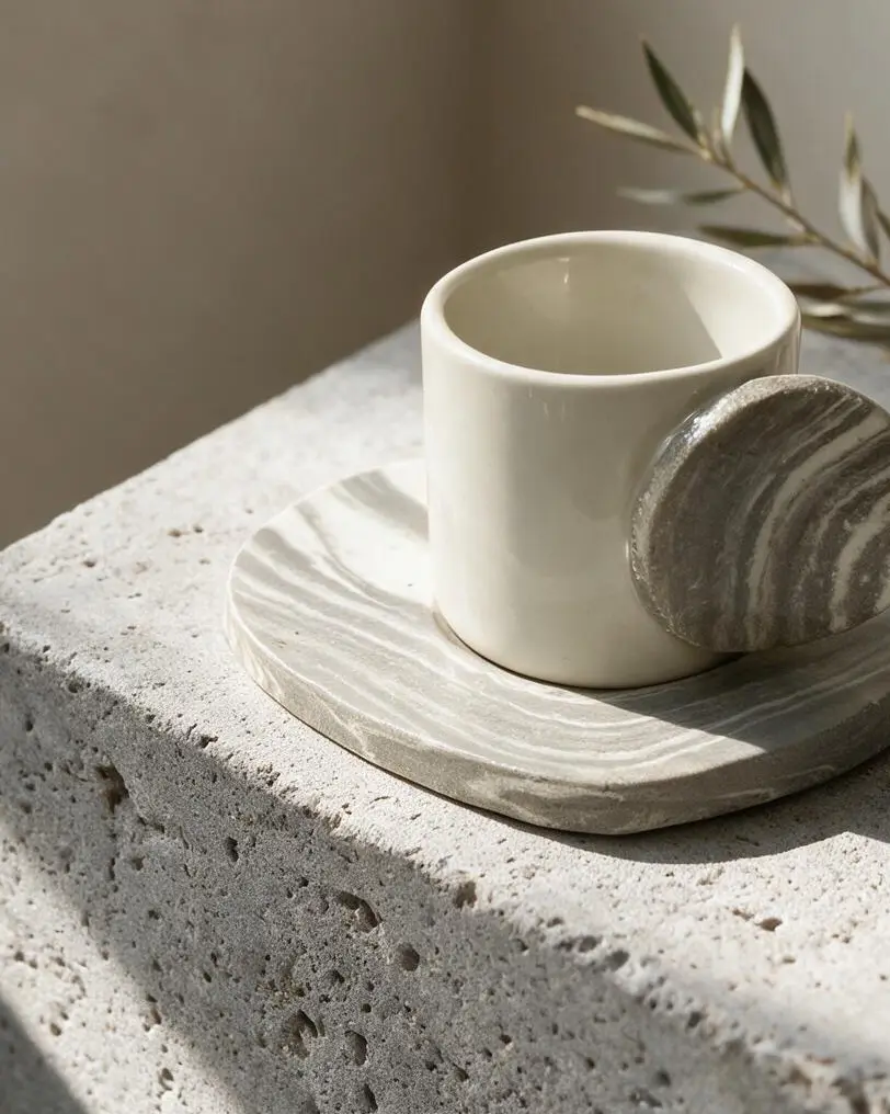 Stone Yuvarlak Kulplu Taş Tabaklı Beyaz Türk Kahvesi Fincanı — Stone koleksiyonu, stoneware